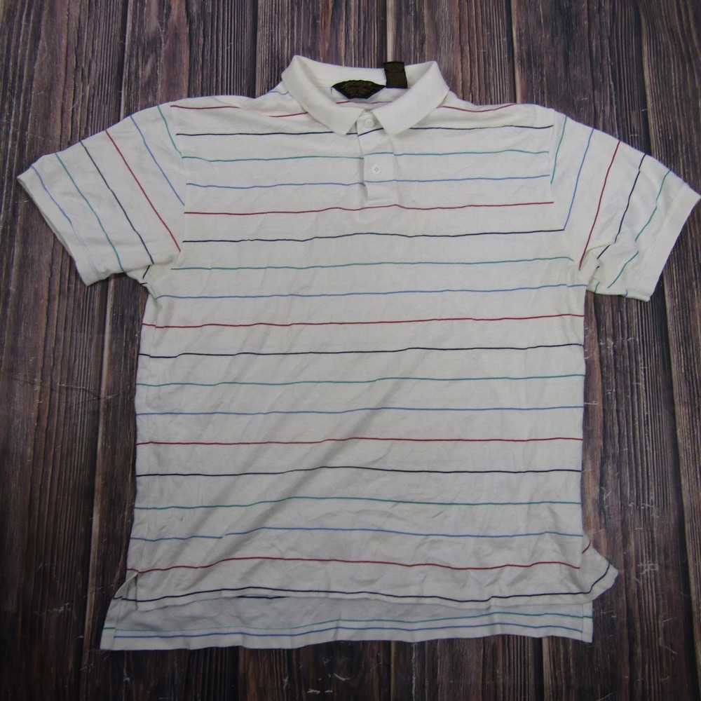 Vintage Eddie Bauer‎ Shirt Mens Large White Striped Polo Multicolor Cotton Tee